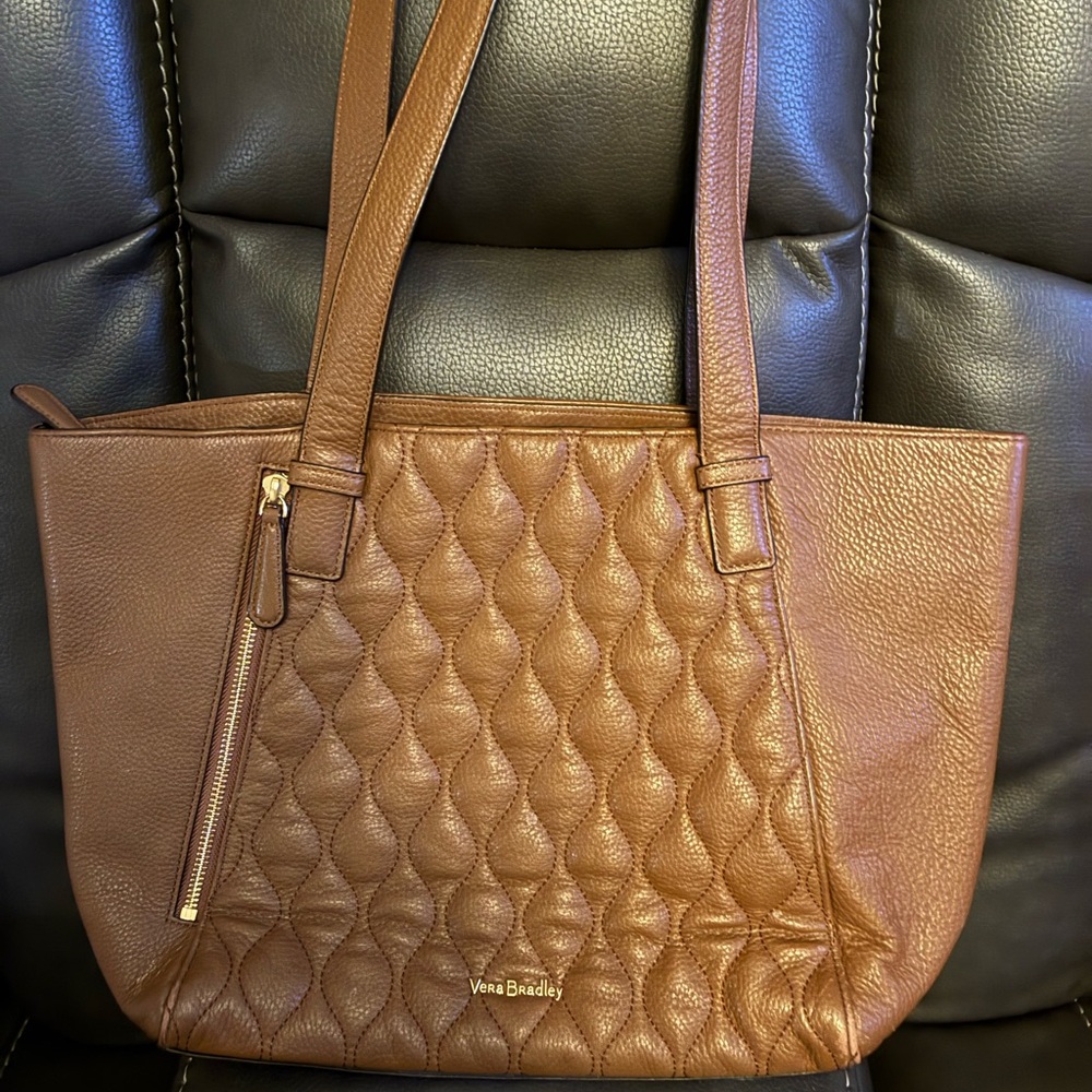 Vera Bradley Quilted Leather Avery Tote Bag Cognac Brown